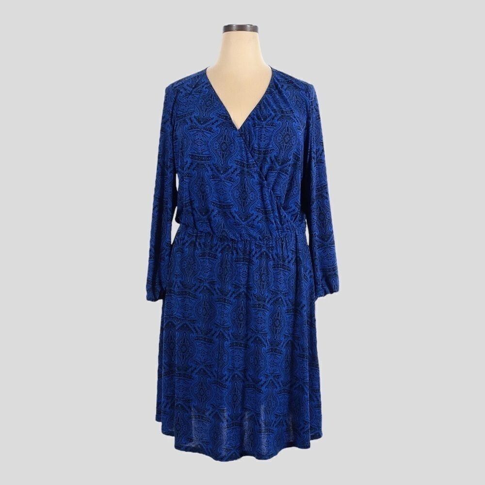 Igigi Royal Blue Paisley Faux Wrap Dress Plus Size 18/20 Long Sleeve Boho